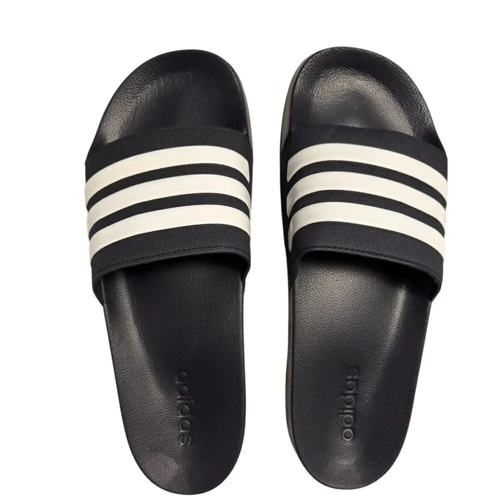 Adidas Black Slides with White Stripes Size 12-12.5
